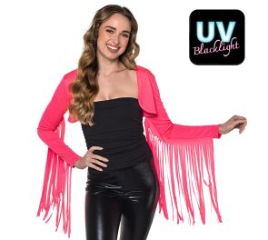 Hapsuhihallinen neon pinkki bolero naisen päällä sekä UV blacklight logo