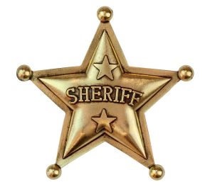 Kullanvärinen, metallinen tähti missä lukee sheriff
