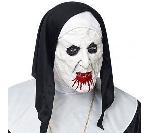 A mask with a face and a short vimple of a horror nun