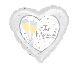 Foliopallo Just Married-tekstillä ja shampanjalasien kuvilla