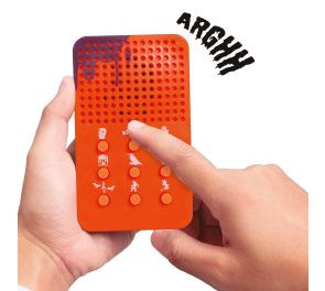 Oranssin värinen äänikone, josta nappeja painamalla saa 9 eri ääntä