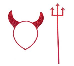 Devil's red dress-up set: horn diadem and pitchfork 