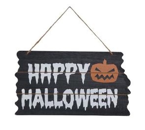 Musta kyltti valkoisella Happy Halloween-tekstillä