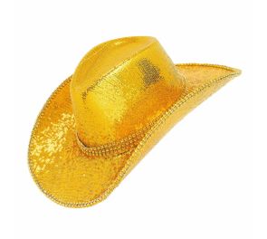 Valkoisella taustalla on kultainen, kimaltelevilla paljeteilla päällystetty cowboy-hattu, jonka lierin reunoja ja kuvun tyveä kiertävät säihkyvät koristenauhat.