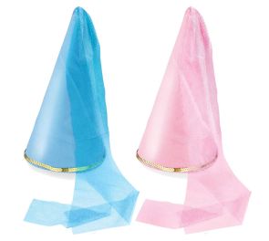 Kuvassa on kaksi kartionmuotoista, korkeaa prinsessahattua rinnakkain valkoisella taustalla. Vasemmanpuoleinen hattu on vaaleansininen ja oikeanpuoleinen vaaleanpunainen. Molempien hattujen alareunaa kiertää kultainen paljettinauha. Hattujen huipulta lask