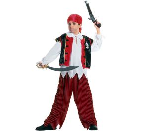 Kuvassa on lapsi pukeutuneena perinteiseen merirosvoasuun valkoisella taustalla. Asuun kuuluu valkoinen, pitkähihainen paita, jonka hihansuissa ja helmassa on rosoinen sahalaitakuvio. Paidan päällä on lyhyt, hihaton musta liivi. Jalassaan lapsella on renn