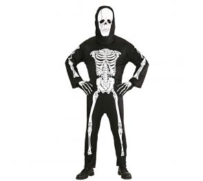 Skeleton costume and hood with skull face for adults