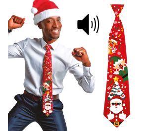 Jouluteemainen solmio, joka soittaa musiikkia. Solmio miehellä kaulallaan, ja miehellä päässä tonttulakki.