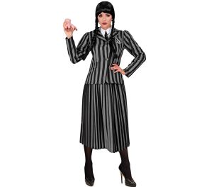 Harmaamusta raidallinen Wednesday-koulupuku, jossa takki ja hame