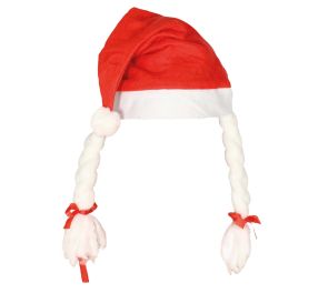 Punainen perinteinen tonttulakki, missä kaksi valkoista lettiä ja niiden päässä punaiset rusetit