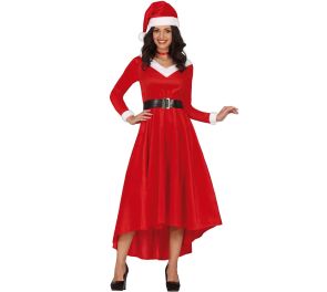 Punainen jouluinen midimekko ja tonttulakki tummahiuksisella naisella