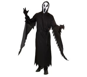 Kokovartalokuva miehestä Ghostface-naamiaisasussa valkoisella taustalla. Hänellä on yllään pitkä musta kaapu, jossa on repaleiset hihat ja helma, mustat hanskat sekä elokuvasta tuttu valkoinen huutava naamio.