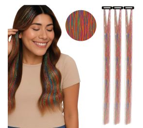 Moniväriset tai sateenkaaren väriset, glitter-hiuslisäkkeet naisella hiuksissaan. Kolme lisäkettä irrallaan kuvassa, ja lähikuva kuidusta.