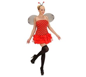 Studiokuva naisesta pukeutuneena Leppisneito-naamiaisasuun valkoisella taustalla. Asuun kuuluu lyhyt, puna-musta pilkullinen hihaton mekko, jonka helmassa on useita kerroksia punaisia frilloja mustalla reunuksella. Naisella on selässään pyöreät punaiset s