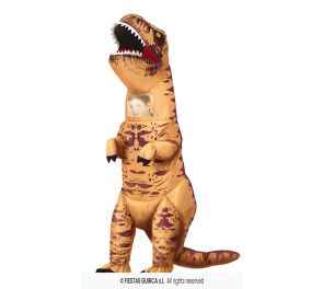 Aikuisten ilmatäytteinen T-Rex naamiaisasu miehellä