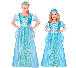 Sinisävyinen prinsessamekko kahdella eri ikäisellä ja kokoisella lapsella päällä