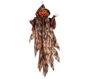 Halloween-koriste jolla luurangon kädet ja kurpitsapää