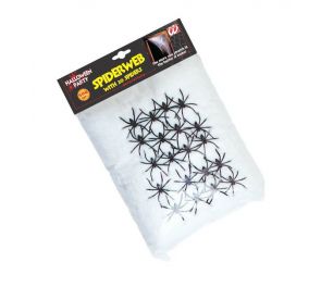 White big cobweb and 20 black spiders for horror decoration