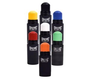 Grimas Covercream pure seitsemässä eri värissä: sininen, keltainen ,vihreä, valkoinen, musta, oranssi ja punainen