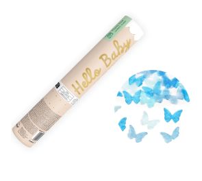 Konfettitykki ja sinisävyistä paperiperhos-konfettia