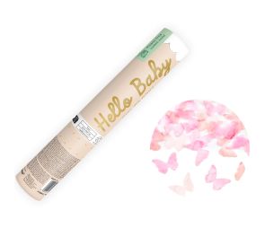 Konfettitykki ja sen sisältöä eli vaaleanpunaisia paperiperhosia