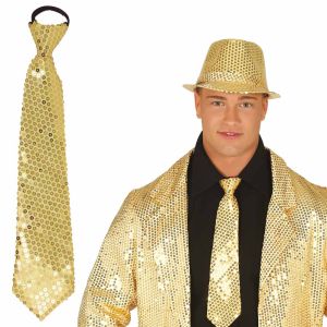 Kultainen paljettisolmio, ja mies kultaisessa paljettitakissa ja hatussa