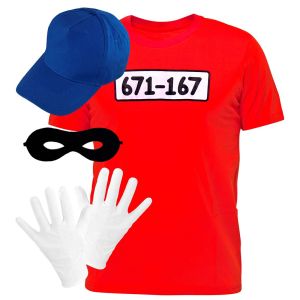 Karhukoplamainen asustesetti: punainen paita, sininen lippalakki, musta silmikko ja valkoiset hansikkaat