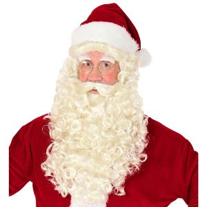 Kermanvalkoinen parta, hiukset ja kulmakarvat joulupukkia esittävän miehen päällä